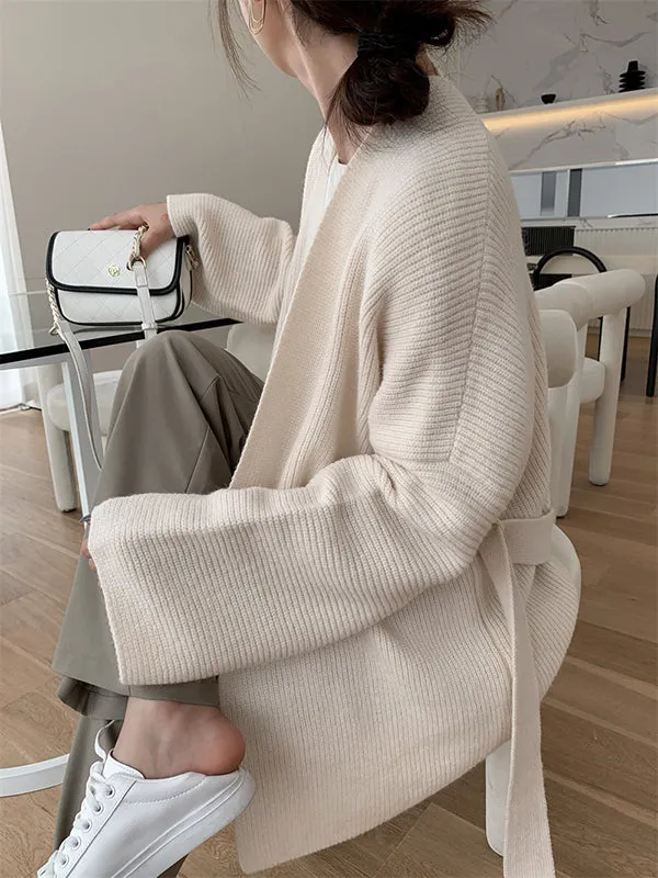 Stylish Long Sleeves Loose Solid Color With Waistband Cardigan Tops