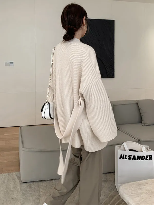 Stylish Long Sleeves Loose Solid Color With Waistband Cardigan Tops