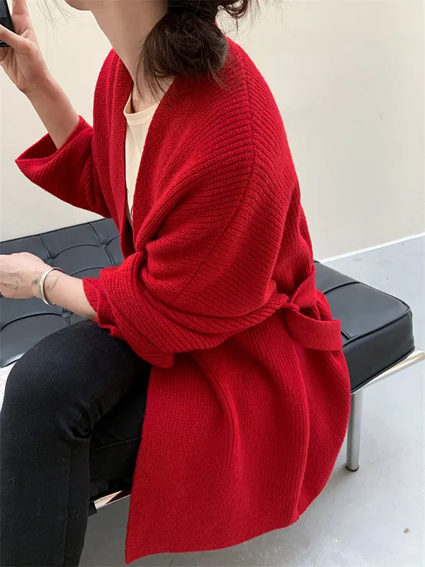 Stylish Long Sleeves Loose Solid Color With Waistband Cardigan Tops