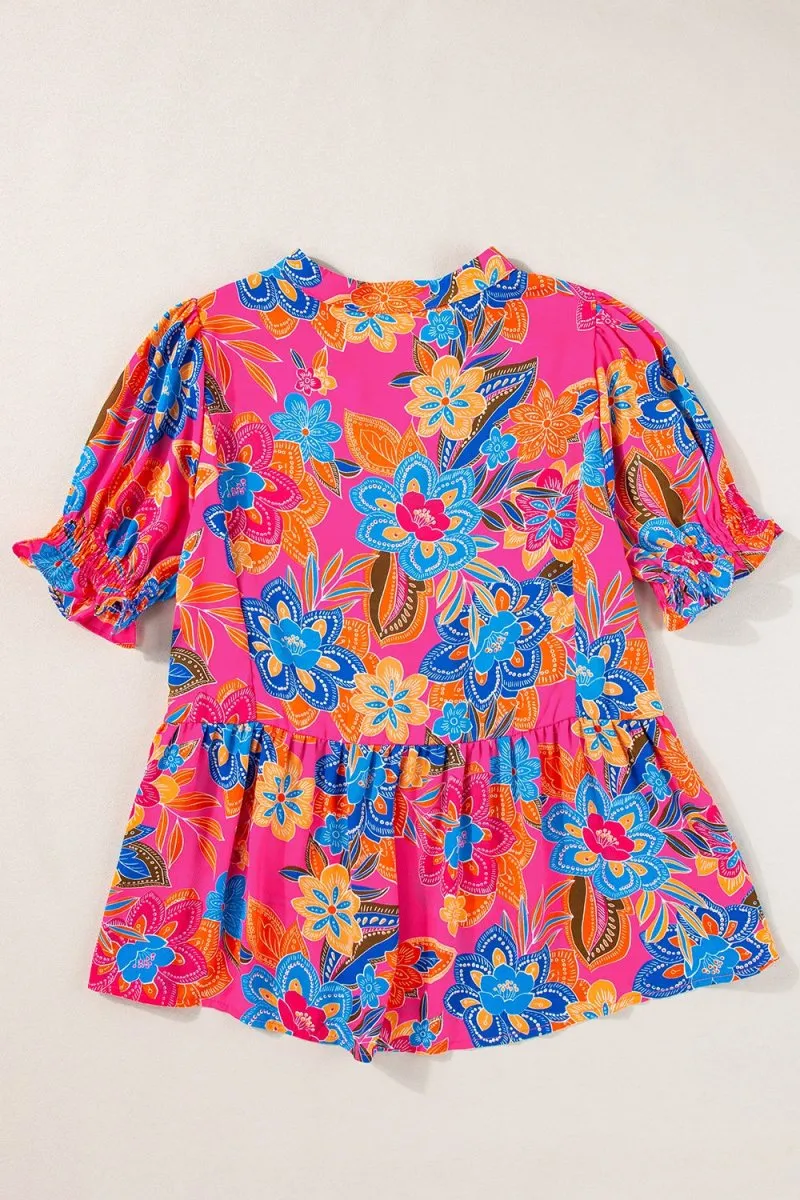 Stylish Pink Printed Blouse with Short Sleeves