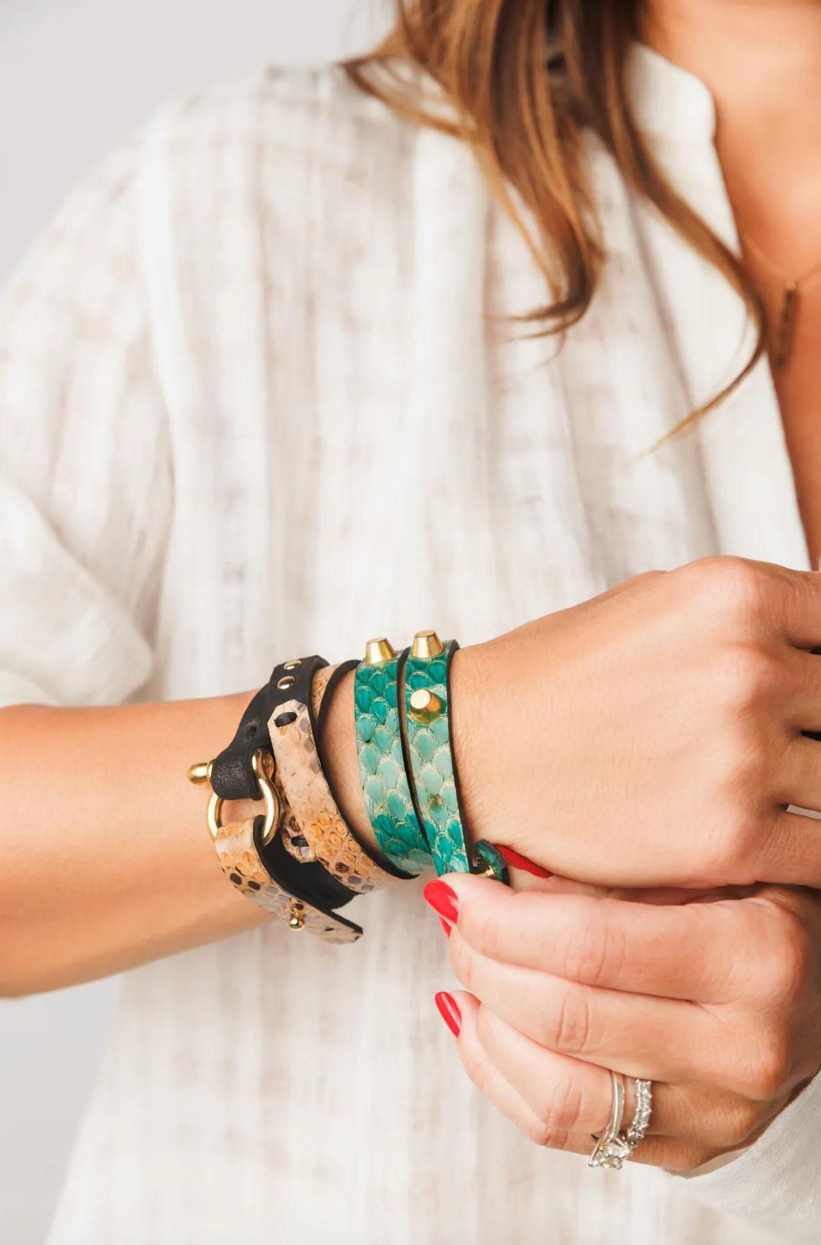 The Green Snake Skin Double Wrap bracelet With Studs