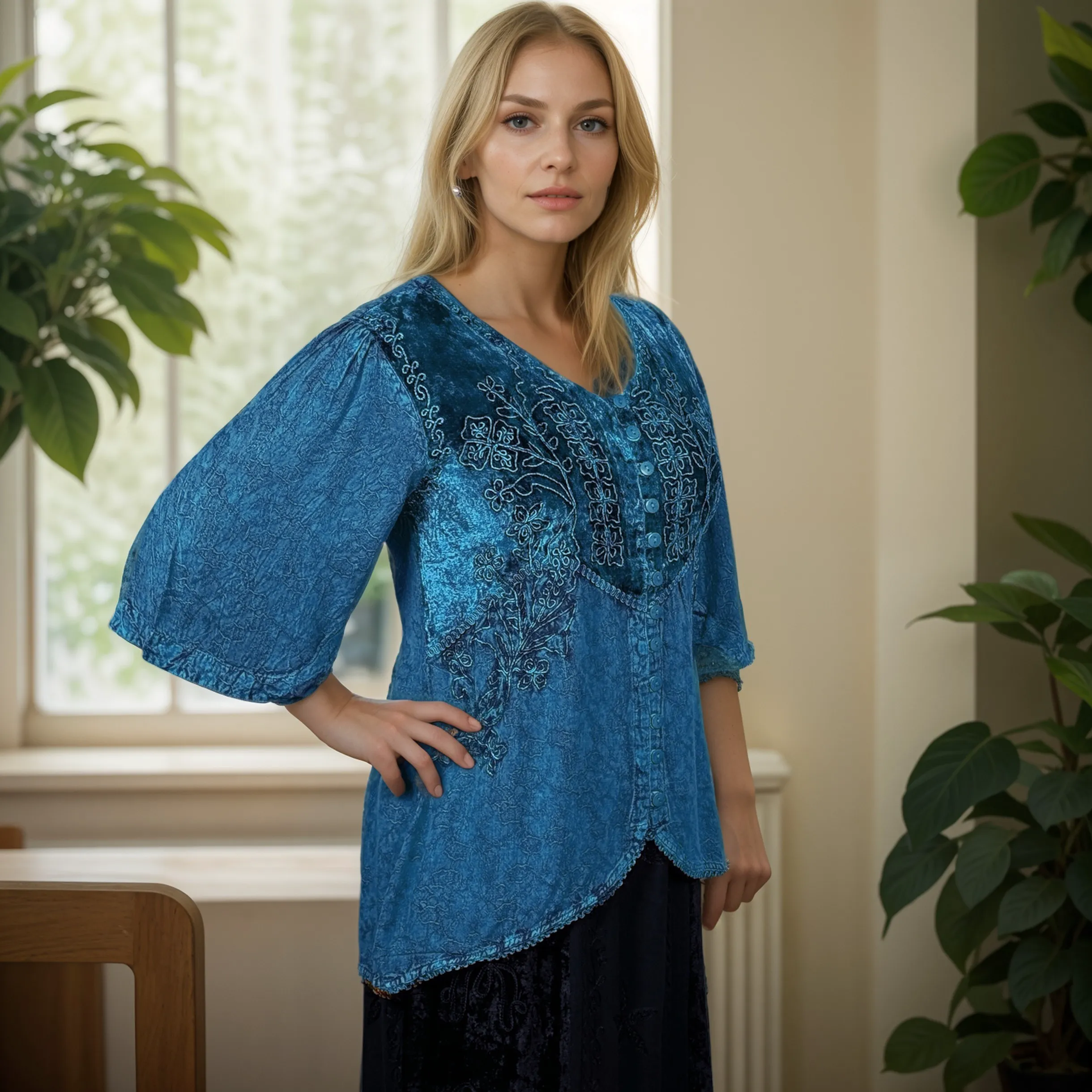 Women's Bohemian Exotic Embroidered Short Sleeve Tunic Blouse ~ 603B
