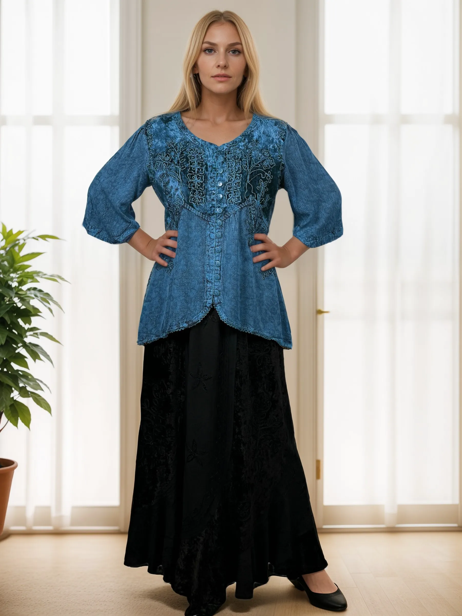 Women's Bohemian Exotic Embroidered Short Sleeve Tunic Blouse ~ 603B