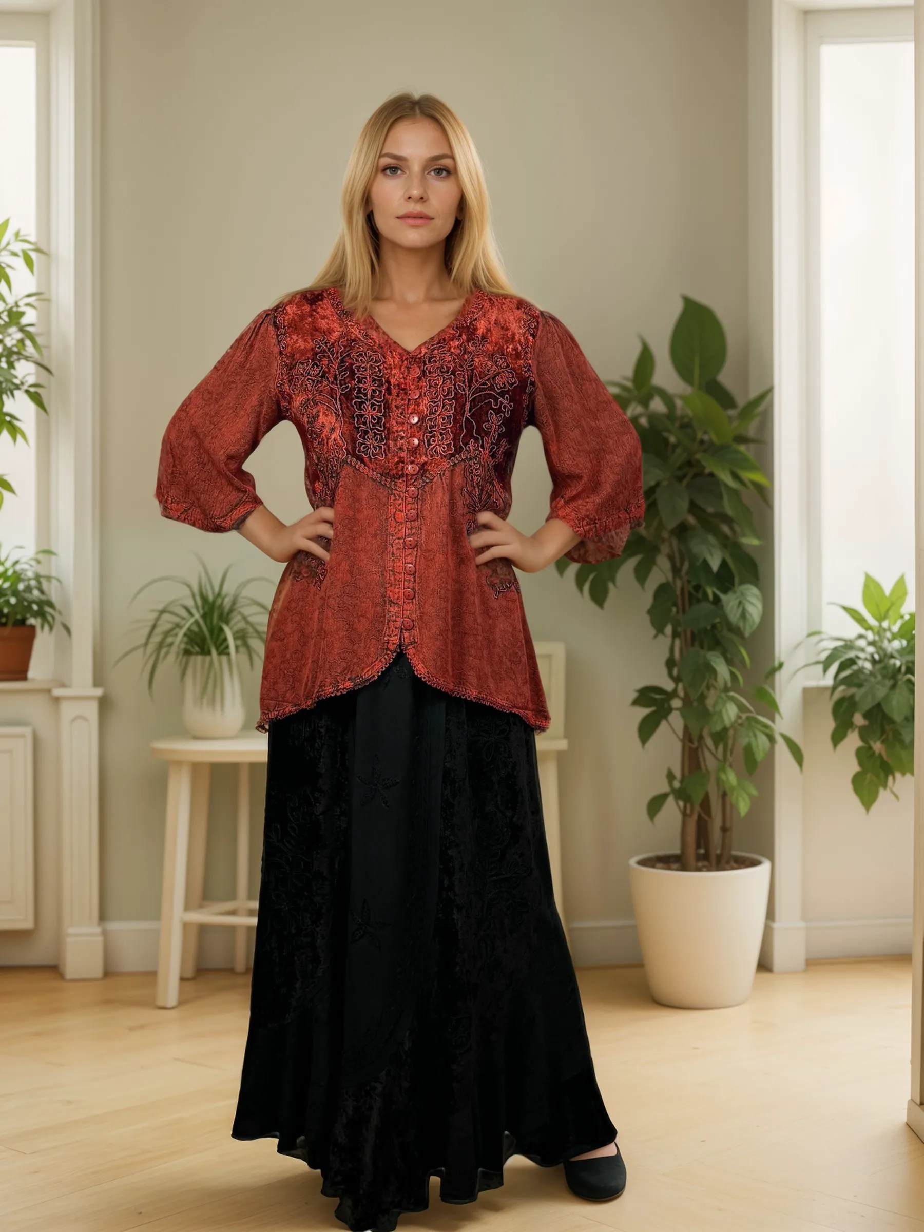 Women's Bohemian Exotic Embroidered Short Sleeve Tunic Blouse ~ 603B