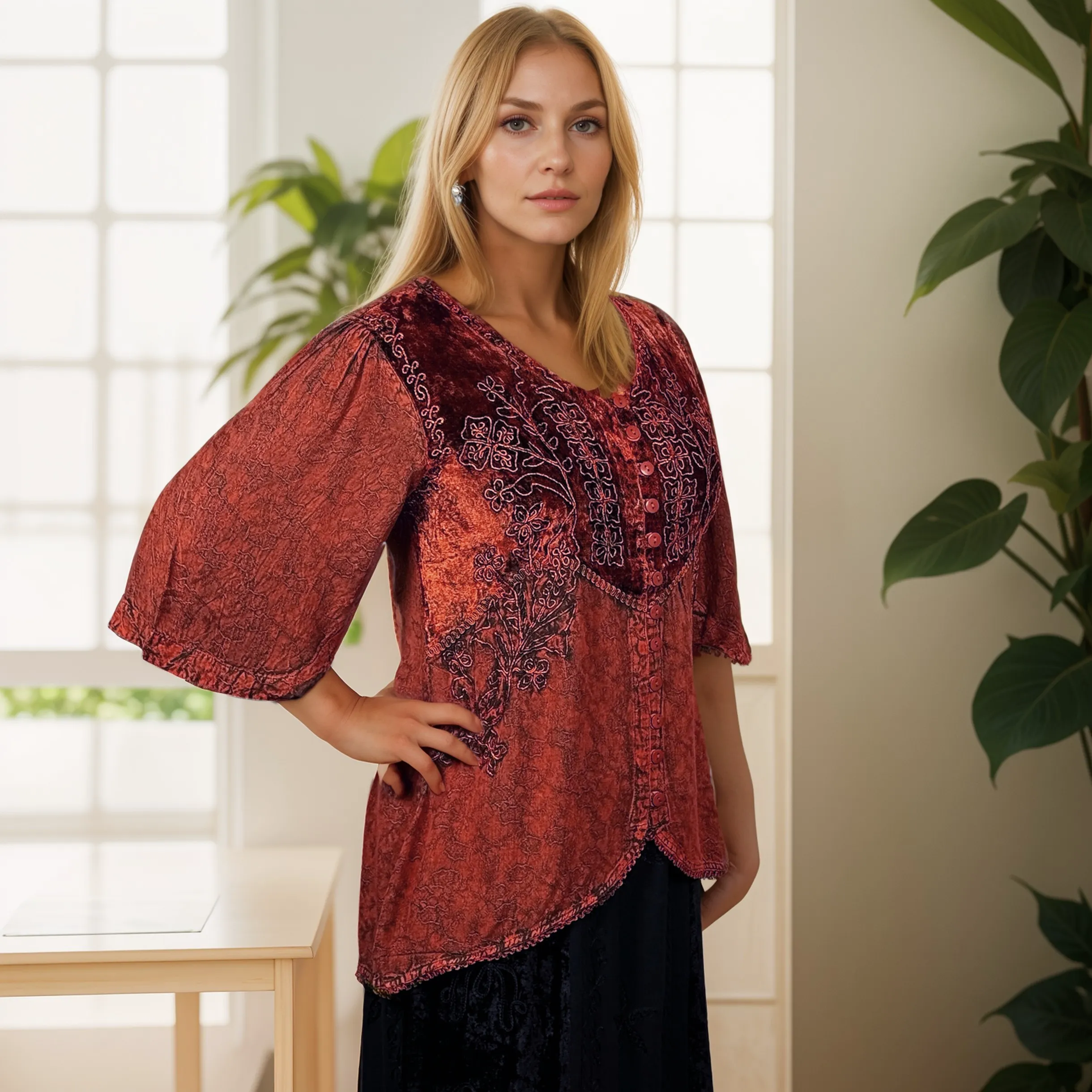 Women's Bohemian Exotic Embroidered Short Sleeve Tunic Blouse ~ 603B