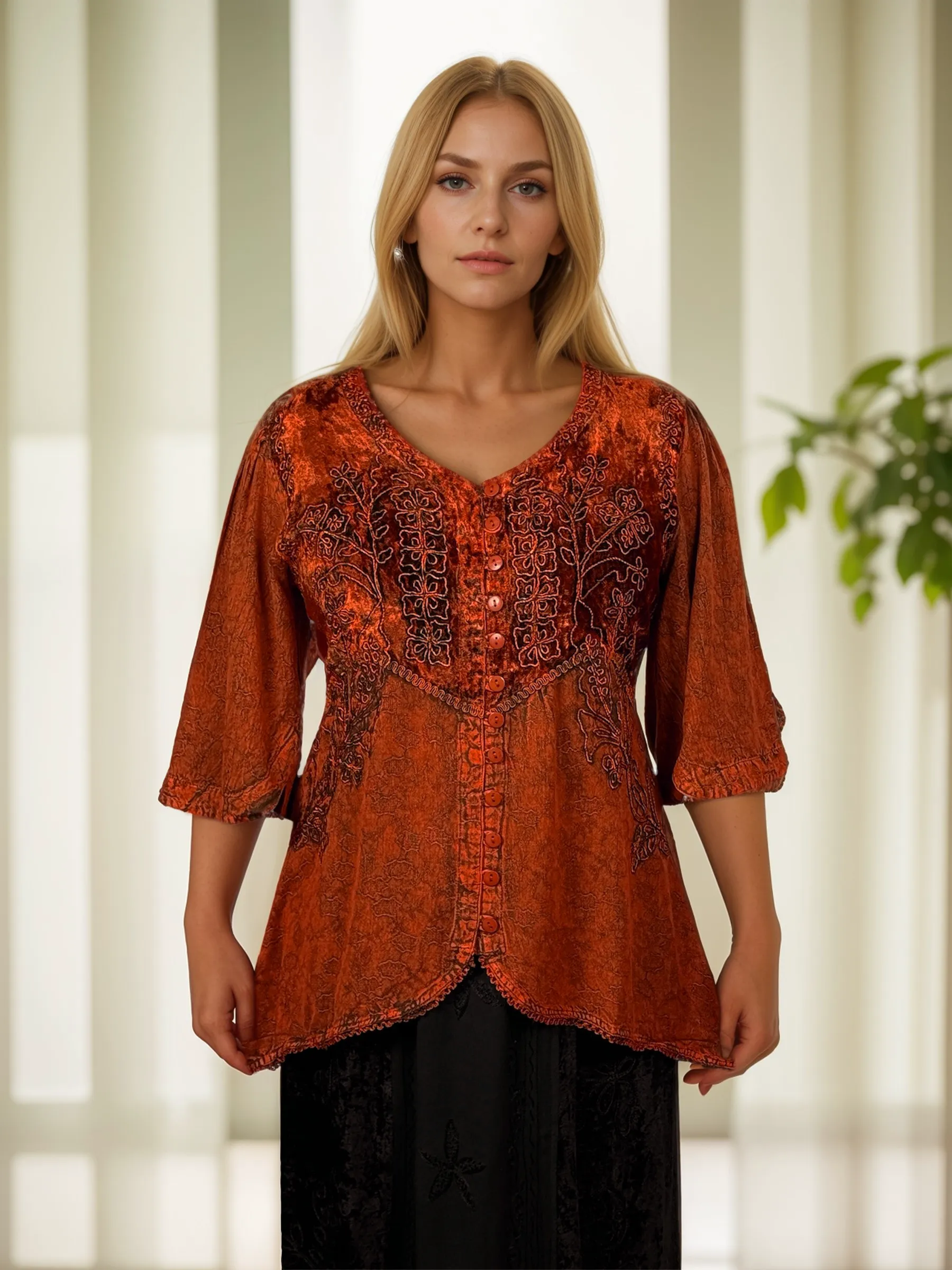 Women's Bohemian Exotic Embroidered Short Sleeve Tunic Blouse ~ 603B