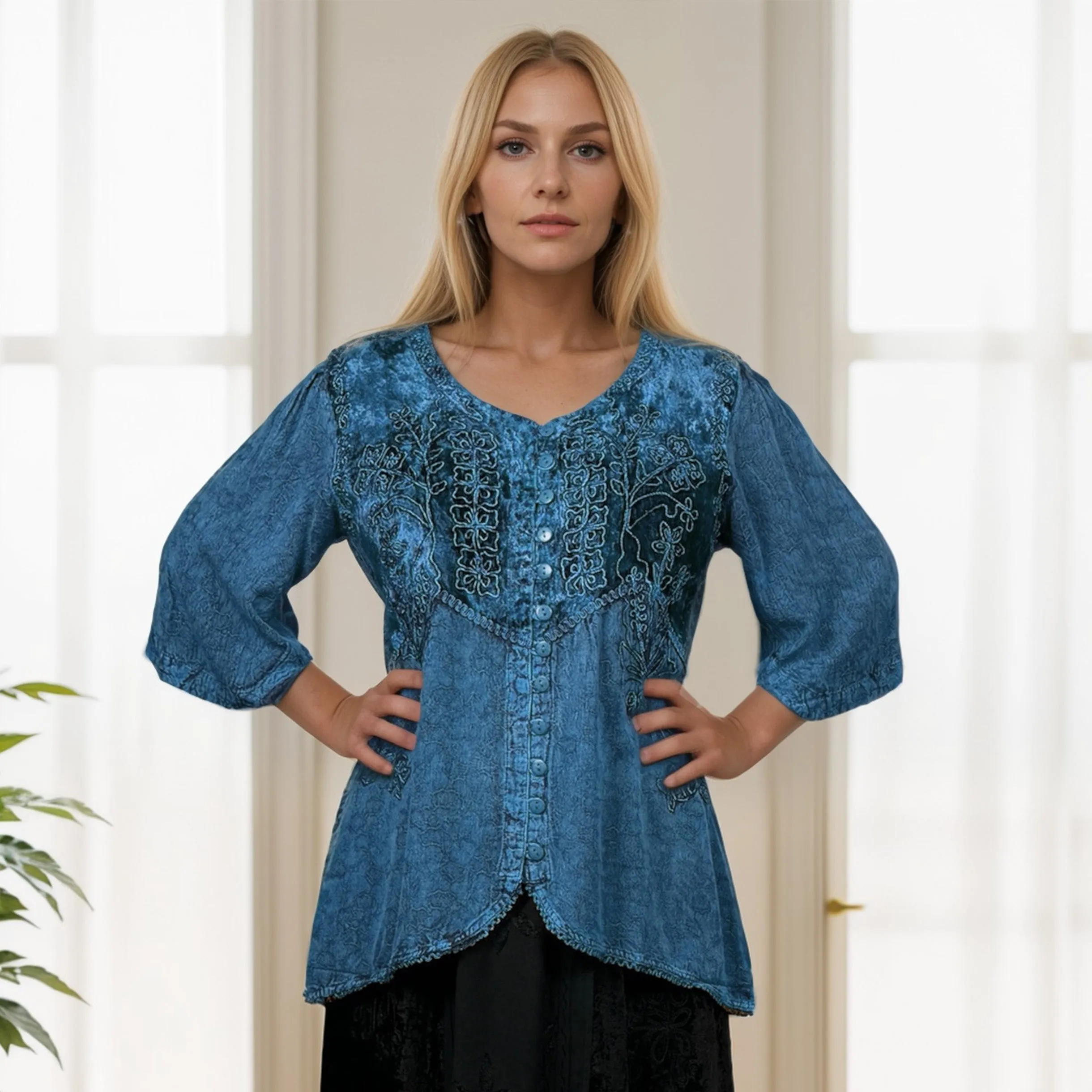 Women's Bohemian Exotic Embroidered Short Sleeve Tunic Blouse ~ 603B