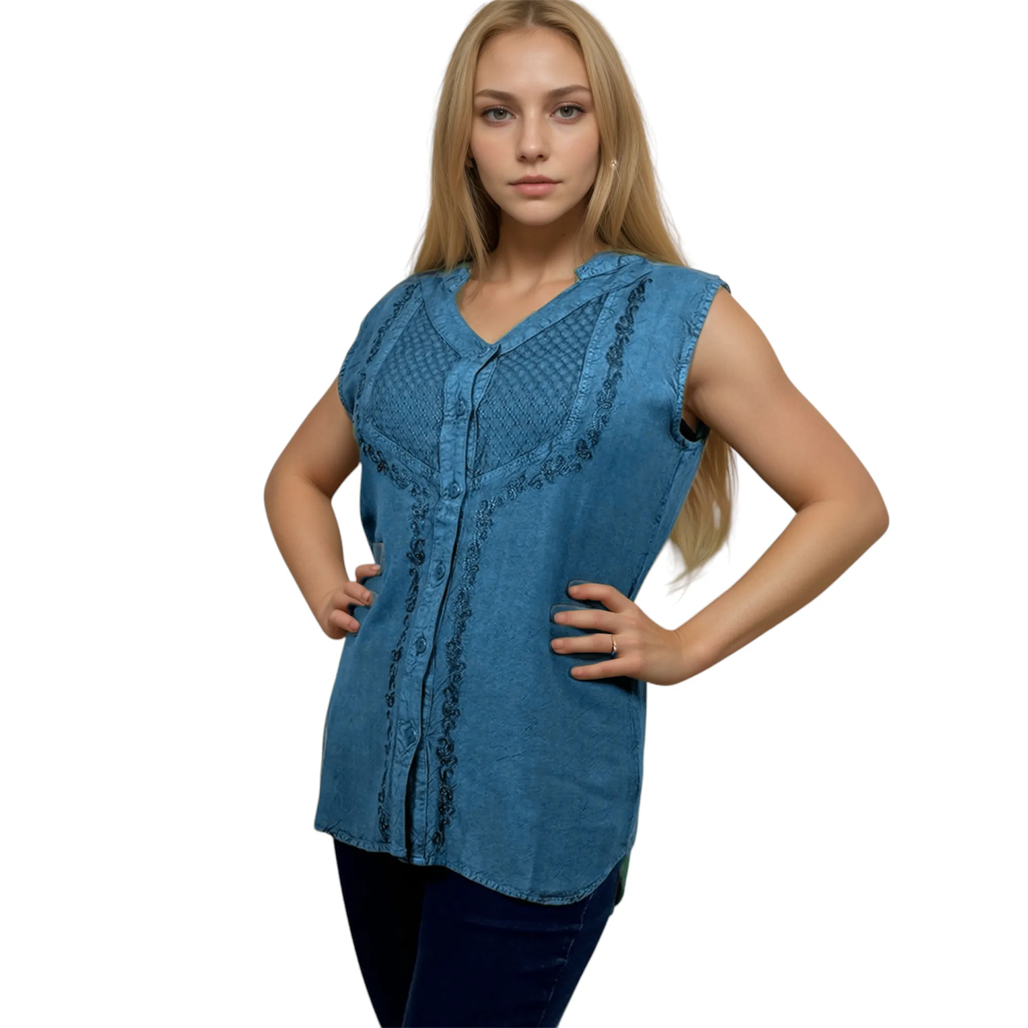 Women's Sleeveless Embroidered Bohemian Medieval Chic Summer Fashion Blouse Top