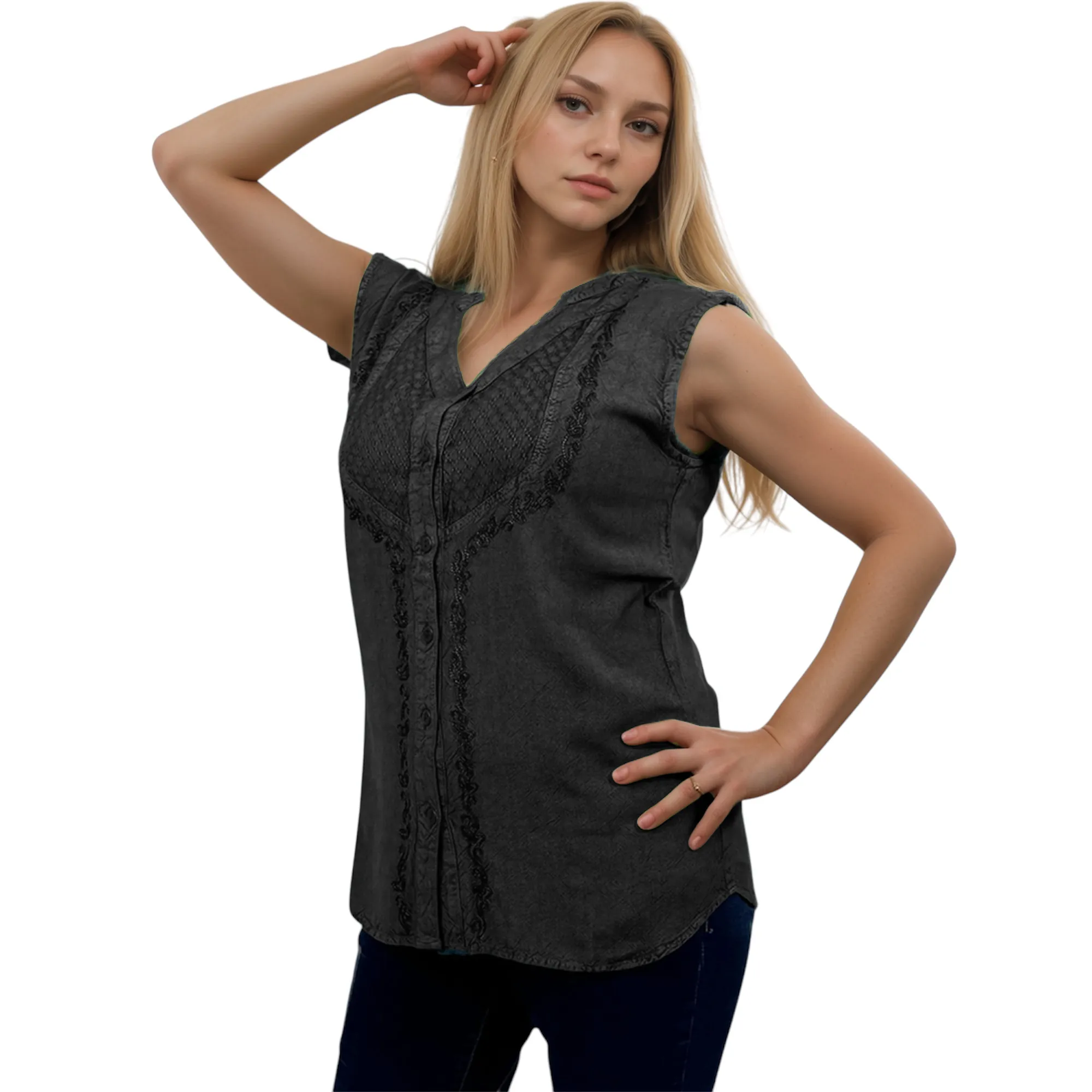 Women's Sleeveless Embroidered Bohemian Medieval Chic Summer Fashion Blouse Top