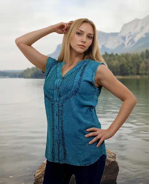 Women's Sleeveless Embroidered Bohemian Medieval Chic Summer Fashion Blouse Top