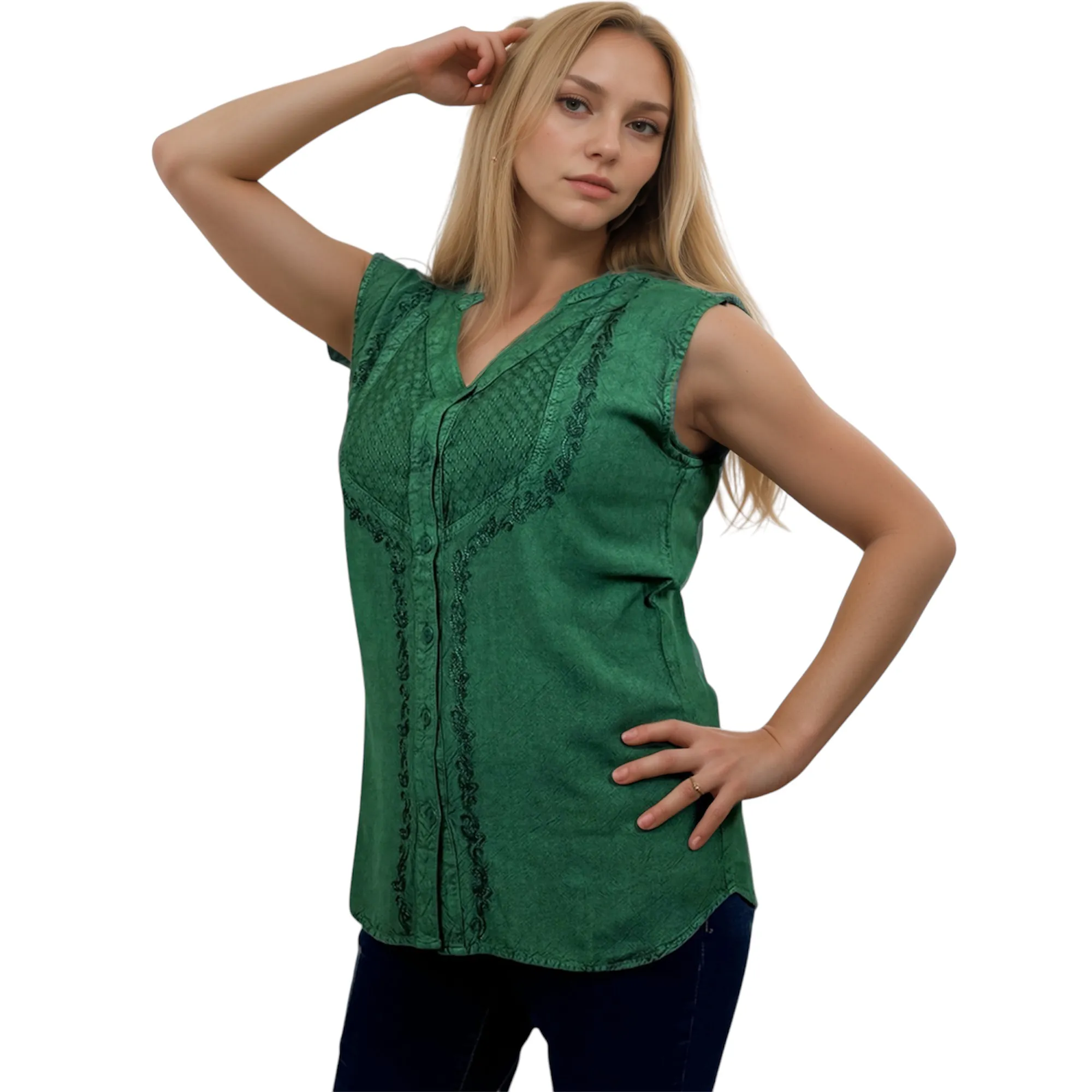Women's Sleeveless Embroidered Bohemian Medieval Chic Summer Fashion Blouse Top