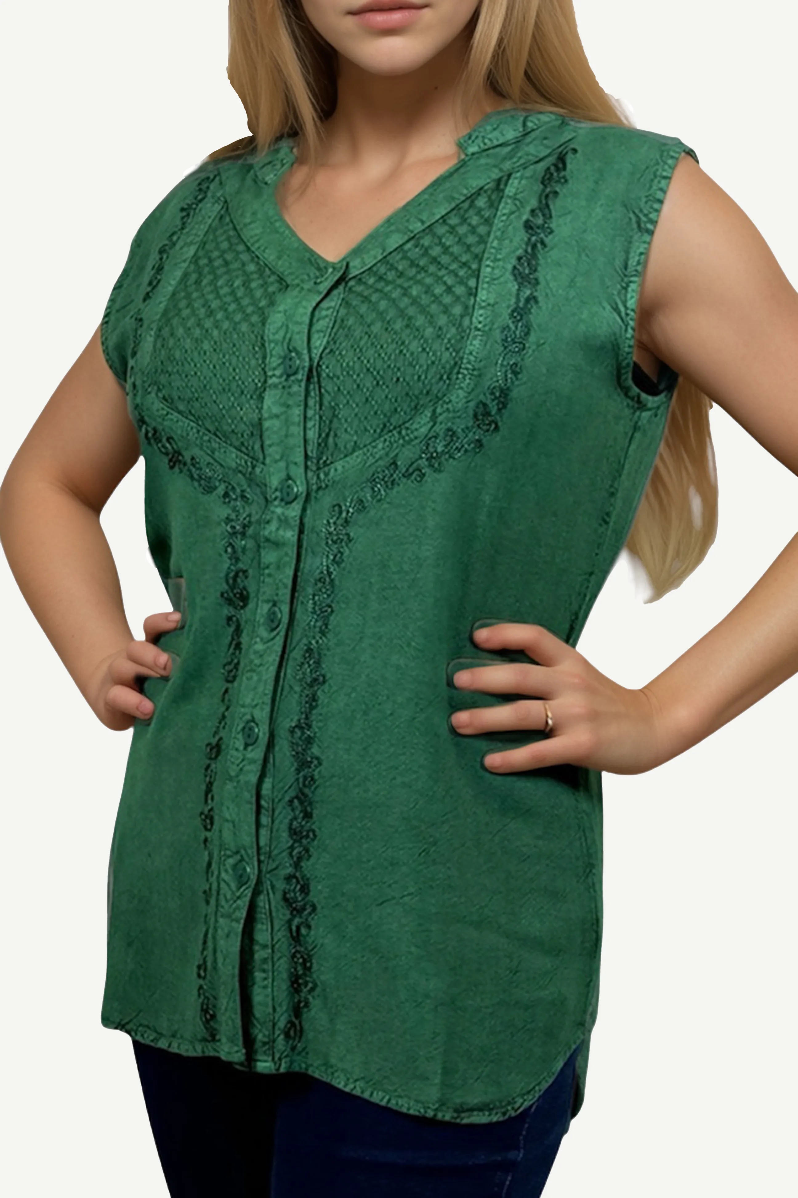 Women's Sleeveless Embroidered Bohemian Medieval Chic Summer Fashion Blouse Top