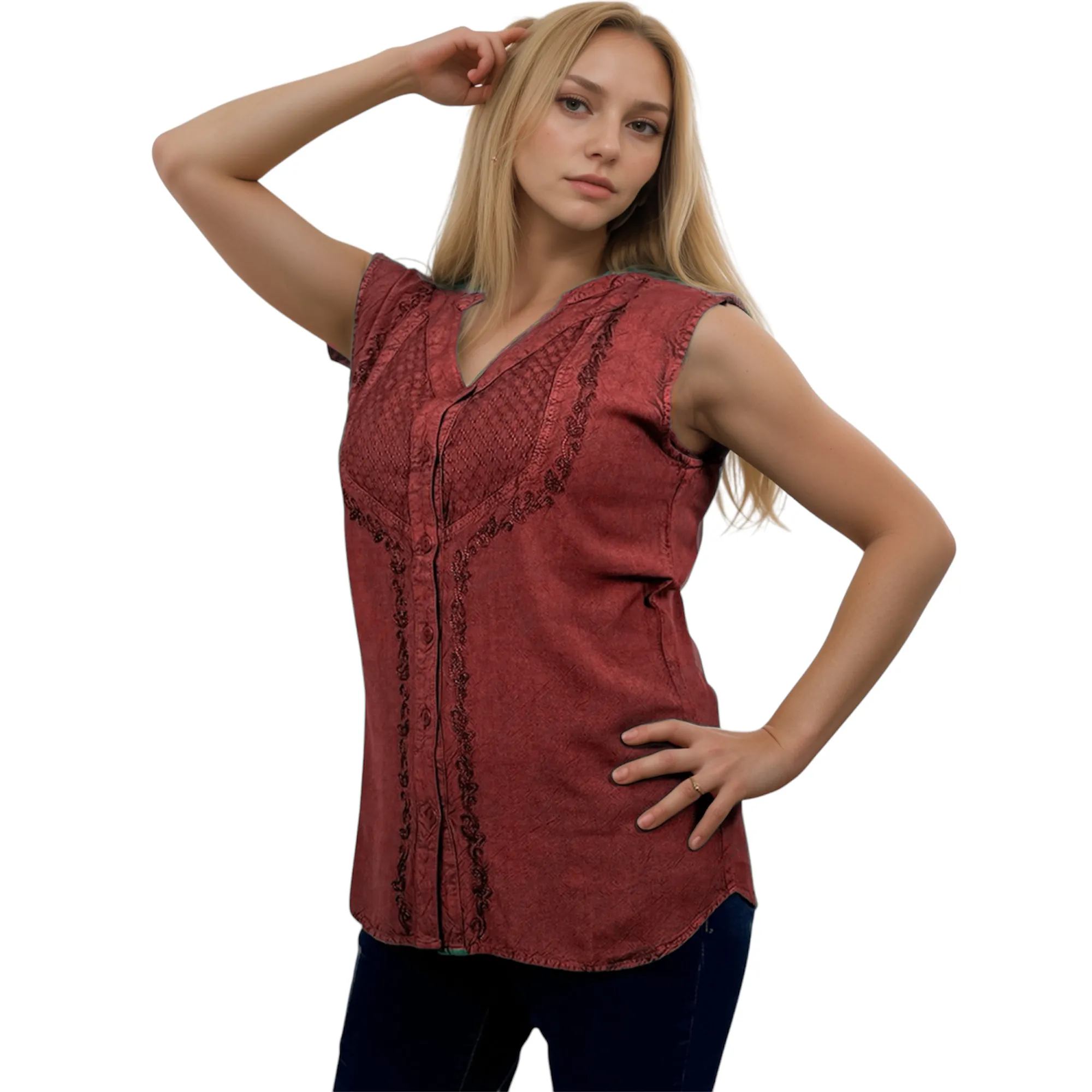 Women's Sleeveless Embroidered Bohemian Medieval Chic Summer Fashion Blouse Top