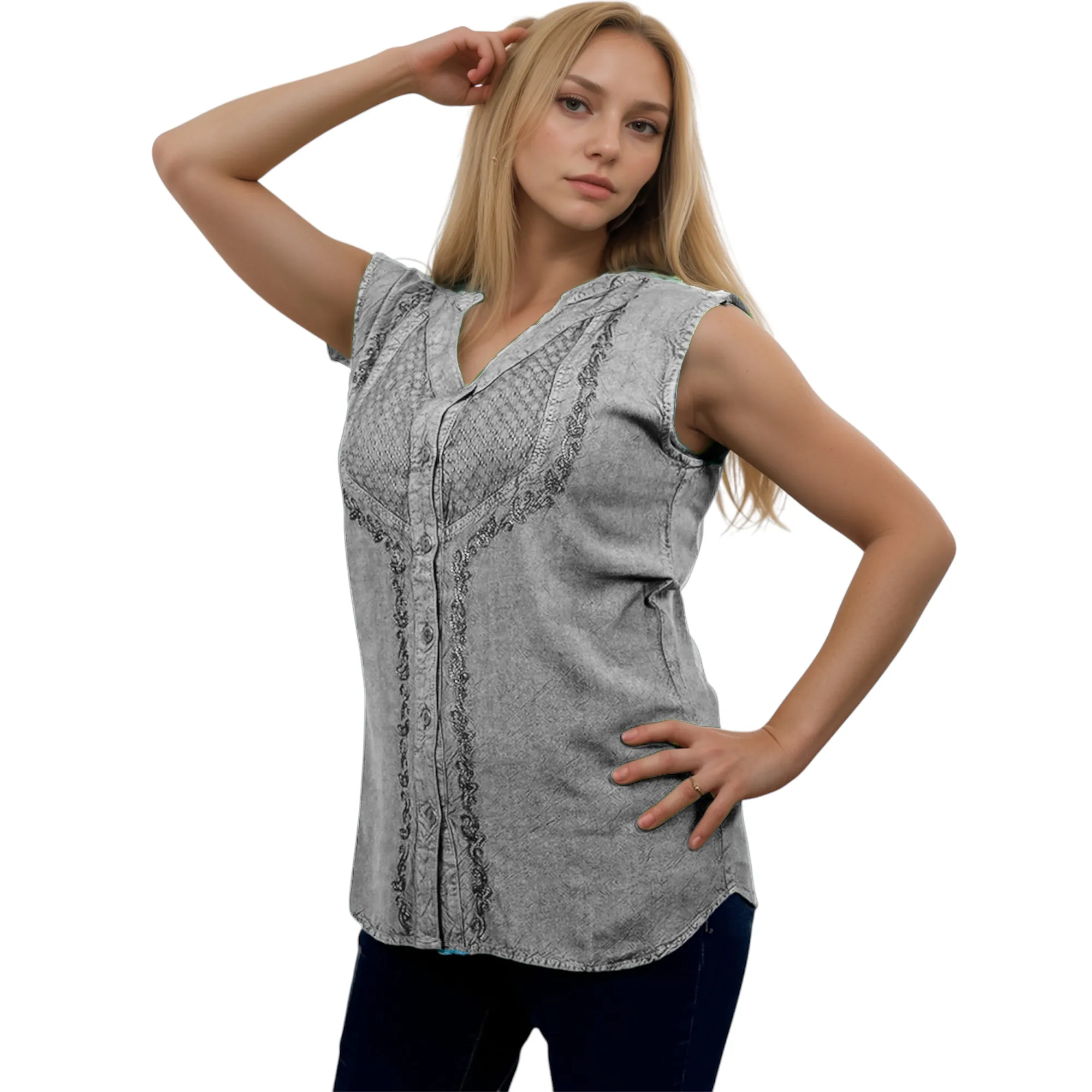 Women's Sleeveless Embroidered Bohemian Medieval Chic Summer Fashion Blouse Top