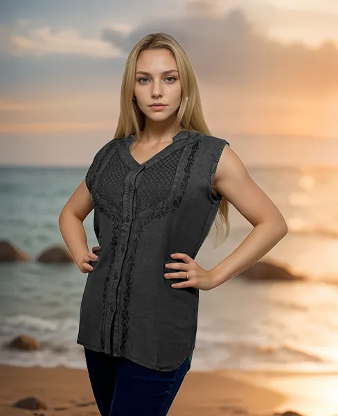 Women's Sleeveless Embroidered Bohemian Medieval Chic Summer Fashion Blouse Top