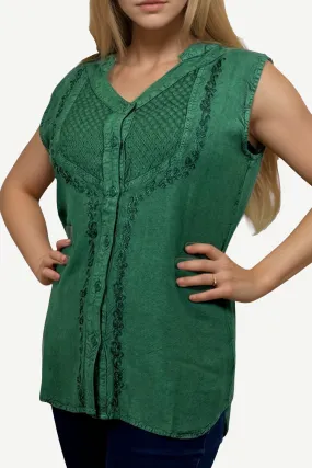Women's Sleeveless Embroidered Bohemian Medieval Chic Summer Fashion Blouse Top
