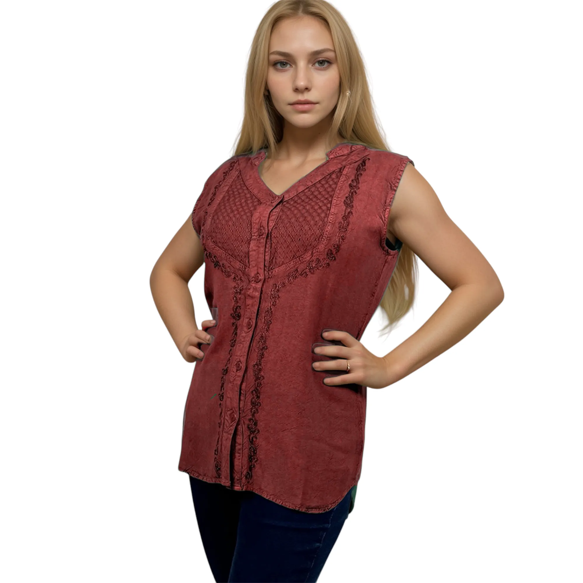 Women's Sleeveless Embroidered Bohemian Medieval Chic Summer Fashion Blouse Top