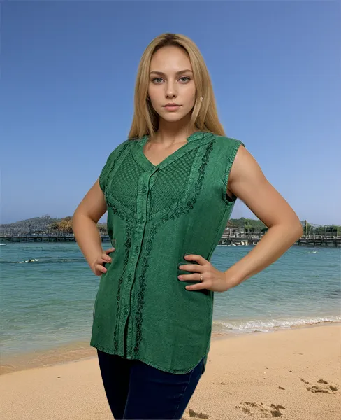 Women's Sleeveless Embroidered Bohemian Medieval Chic Summer Fashion Blouse Top