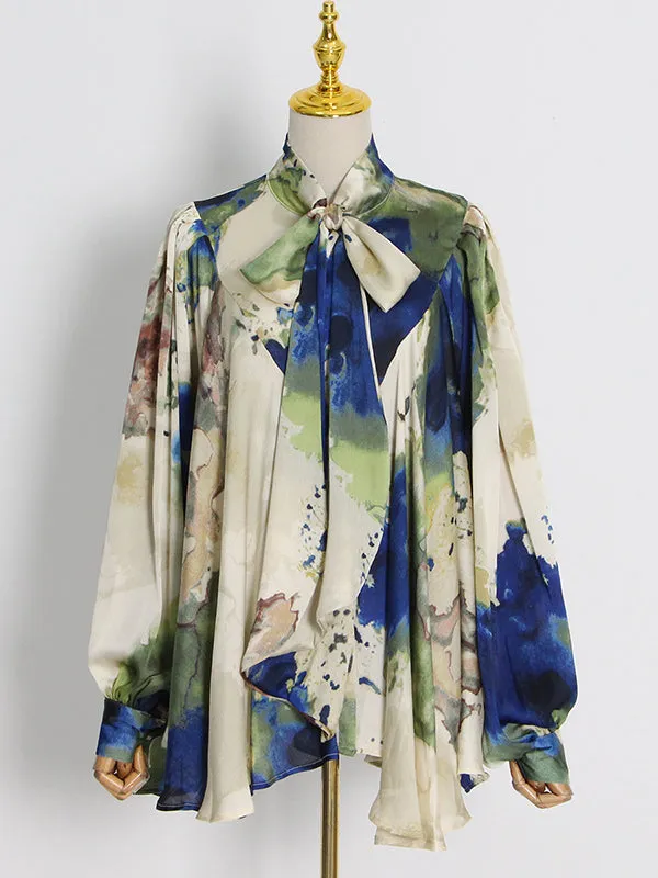 xakxx Fashion Loose Printed Puff Sleeves Pleated Stand Collar Blouses