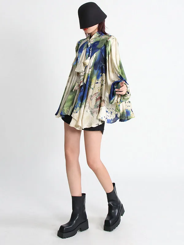 xakxx Fashion Loose Printed Puff Sleeves Pleated Stand Collar Blouses
