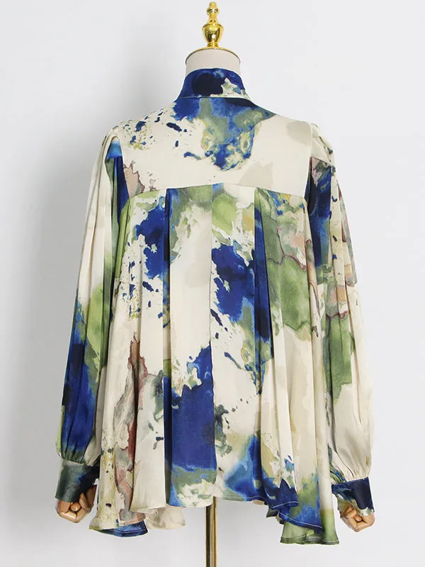 xakxx Fashion Loose Printed Puff Sleeves Pleated Stand Collar Blouses